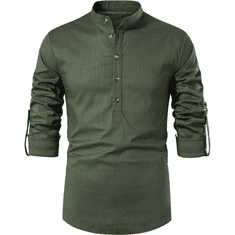 Nikcorp Moška bombažna srajca vintage, slim fit, s stoječim ovratnikom in zavihanimi rokavi, zelena, velikost XXL