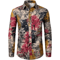 Nikcorp Moška lanena srajca z motivom dreves, elegantna in zračna, oprijet kroj Slim Fit, bela barva, dolgi rokavi, velikost S