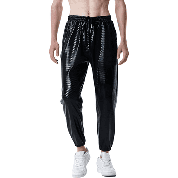 Nikcorp Moške hlače jogger metalik črne, sijoče disco hlače za zabave in oder, elastičen pas, udoben kroj, velikost M