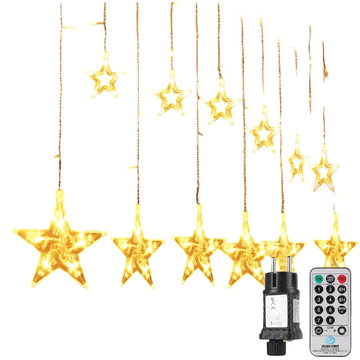 Nikcorp LED božična svetlobna zavesa, 12 zvezdic, 3,5 m, 8 načinov osvetlitve, topla bela barva, varna bakrena žica, IP44 zaščita