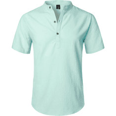 Nikcorp Moška srajca Henley s kratkimi rokavi, bombaž in lan, slim fit, zračna poletna majica, zelena mentol barva, velikost S