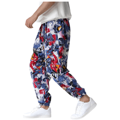 Nikcorp Moške spodnje hlače iz trenirke z vintage cvetličnim vzorcem, bombažne, širok kroj, večbarvne, velikost S