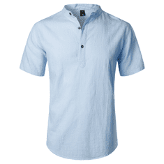 Nikcorp Moška srajca Henley s kratkimi rokavi, bombaž in lan, zračna poletna majica, slim fit, modra, velikost S