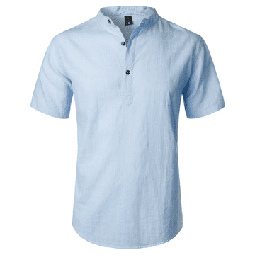 Nikcorp Moška srajca Henley s kratkimi rokavi, bombaž in lan, zračna poletna majica, slim fit, modra, velikost S