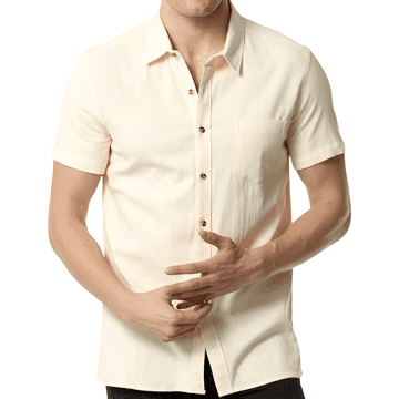 Nikcorp Moška srajca s kratkimi rokavi iz bombaža in lana, bež barva, Slim Fit oprijet kroj, z žepom, velikost M