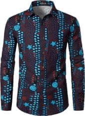Nikcorp Moška srajca z afriškimi vzorci, retro stil 70-ih, dolgi rokavi, eleganten lanen videz, temno modra, velikost S