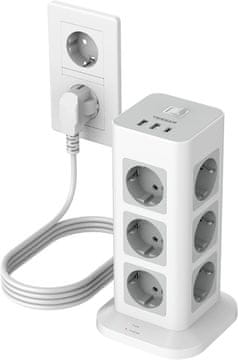 Tessan TPS04-De stolpna razdelilna vtičnica, 12x vtičnic, 3x USB, stikalo, 2 m