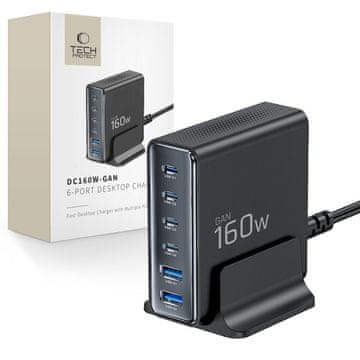 Tech-protect DC160W GaN nabíjačka 2x USB / 4x USB-C 160W PD QC, črna