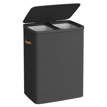 Songmics Koš za perilo, 2 predelka, 56x40x75 cm, črna