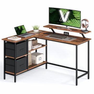 Songmics Pisalna miza v obliki črke L 135x105x89 cm rjava nastavljivo shranjevanje