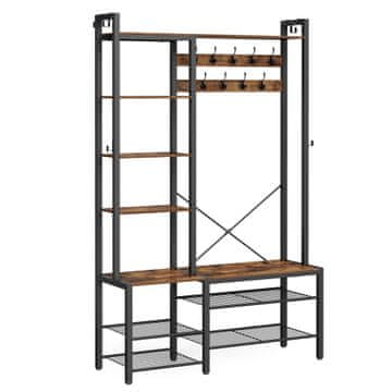 Songmics Vešalnik s klopjo in shrambo za čevlje 120x40x190 cm rjava shranjevanje