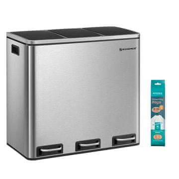 Songmics Reciklačna košara 3-prekatna pedalna košara 61x34x555 cm srebrna in črna