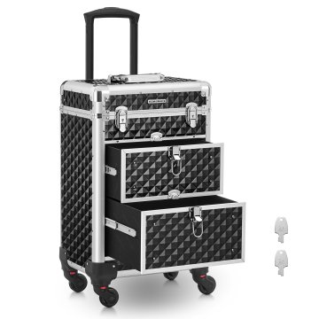 Songmics Kovček za ličila, kozmetični kovček na kolesih, 34x25x57 cm, črn