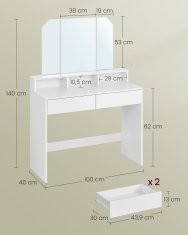 Songmics Toaletna mizica, tridelno ogledalo, 100x40x142 cm, bela