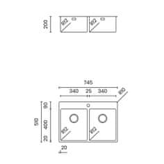 TASCA ASOLO 74 2V dvojno pomivalno korito inox za omarico 80 cm