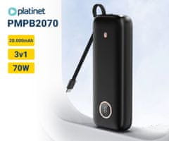 Platinet PMPB2070 polnilna baterija, 70W, 20.000mAh, QC3.0, PD, USB-A, USB-C, črna