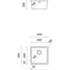 TASCA ADRIA 40 – enojno inox kuhinjsko korito brez odcejalnika za 50 cm omarico, z brušeno površino