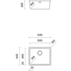 TASCA ADRIA 50 enojno inox kuhinjsko korito brušeno za 60 cm omarico, brez odcejalnika