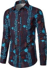 Nikcorp Moška srajca z afriškimi vzorci, retro stil 70-ih, dolgi rokavi, eleganten lanen videz, temno modra, velikost S