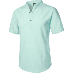 Nikcorp Moška srajca Henley s kratkimi rokavi, bombaž in lan, slim fit, zračna poletna majica, zelena mentol barva, velikost S