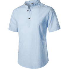 Nikcorp Moška srajca Henley s kratkimi rokavi, bombaž in lan, zračna poletna majica, slim fit, modra, velikost S