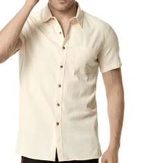 Nikcorp Moška srajca s kratkimi rokavi iz bombaža in lana, bež barva, Slim Fit oprijet kroj, z žepom, velikost M