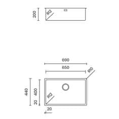 TASCA CANOVA 65 korito za kuhinjo enojno inox SatinPlus 690×440 mm za 80 cm omarico s tremi načini vgradnje