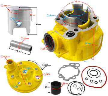 shumee Moretti cilinder in glava za moped 2T 80cc AM6 rumena