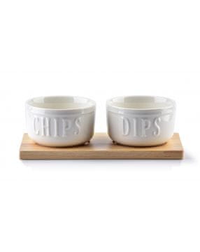 shumee 2 beli porcelanasti skledi z leseno desko