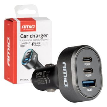 AMIO Hitri avtomobilski polnilec 85W QC3.0 PD65W PD20W 2x USB-C 1x USB-A AMIO-04177