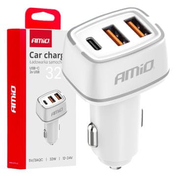slomart AMiO avtomobilska polnilka 2x USB-A + USB-C, 32W, bela