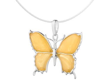 shumee Velika srebrna ogrlica z metuljčkom in jantarjem, srebrna, mlečno jantarna, dolga 80