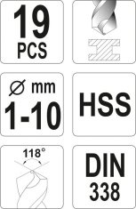 YATO Komplet svedrov za kovino HSS, 1–10 mm, 19 kosov / YT-4462 /