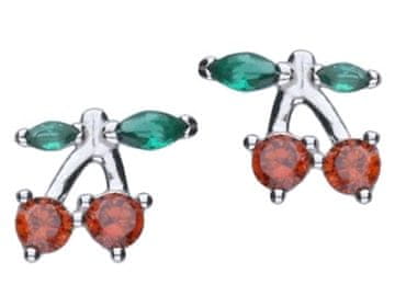 shumee Srebrni uhani s češnjami in kubičnimi cirkoni, barviti čepki s češnjami