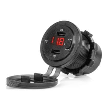 AMIO Avtopolnilec z USB vtičnicami in testerjem napetosti, vodoodporen, s stikalom, 2x USB-C 12V 24V AMIO-04226