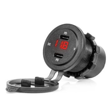 shumee Avto polnilec z USB vtičnicami in testerjem napetosti vodoodporen 2x USB-C 12V 24V AMIO-04225