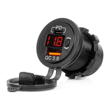 AMIO Avtopolnilec z USB vtičnicami in testerjem napetosti, vodoodporen, z USB stikalom + USB C QC3.0 12/24V AMIO-04222