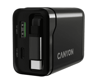 Canyon OnCharge 65RС polnilec, 65W GaN, vgrajen USB-C kabel + USB-A/C, črni (CNS-CURC65ACB)