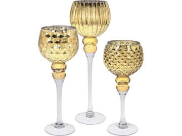 Stekleni svečnik komplet 3 kosov na nogi, zlati