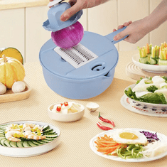 HOME & MARKER® Večnamenski kuhinjski rezalnik 11 v 1 – rezanje, ribanje, sekljanje z rezili iz nerjavečega jekla, varovalo za roke | CHOPIBOX Modra