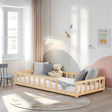 Homestyle4U Otroška postelja na tleh, 96x32x205,5 cm, naravna, lesena