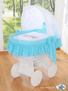 shumee Moses košara s kapuco - bele sovice + turkizna in bela posteljnina z vezenino