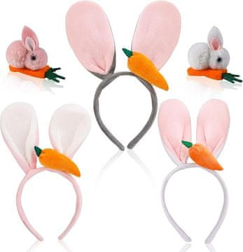 Nikcorp Velikonočni obročki za lase z zajčjimi ušesi in sponke, komplet 5 kosov, plišasti dodatki za kostum, rožnata, bela in siva barva