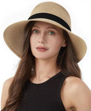 Nikcorp Slamnik ženski s širokim krajcem, sončni klobuk za plažo, zložljiv in zračen, UV zaščita, obseg 57 cm, naravna slama