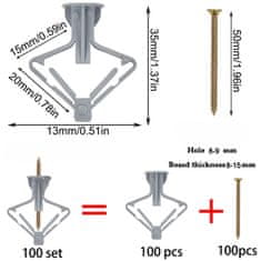 Nikcorp Metuljasti vložki za mavčne plošče z vijaki, 13 x 35 mm, nerjaveče jeklo, komplet 100 kosov, za suhomontažo in votle stene