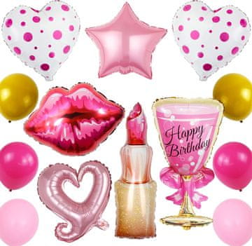 Nikcorp Rojstnodnevni baloni v kompletu 13 kosov, rožnati dekorativni set s folijo, motivi ustnice, šminka, srce in zvezda, za zabave