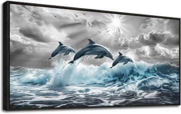 Nikcorp Slika na platnu Delfini v črnem okvirju iz masivnega lesa, 50x100 cm, stenska dekoracija s tiskom HD, odporna na vlago