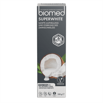 shumee BIOMED SUPERWHITE belilna zobna pasta s kokosom, brez fluorida, 100 g