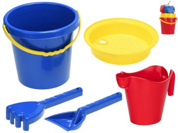 Komplet za pesek 17 cm 4 kosi s čajnikom 16 cm - mešanica barv (rdeča, modra)