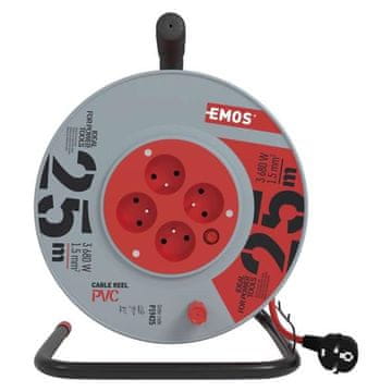 Emos Podaljševalni kabel na bobnu - 25 m, 4 vtičnice, rdeč